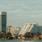 Modern buildings by the water