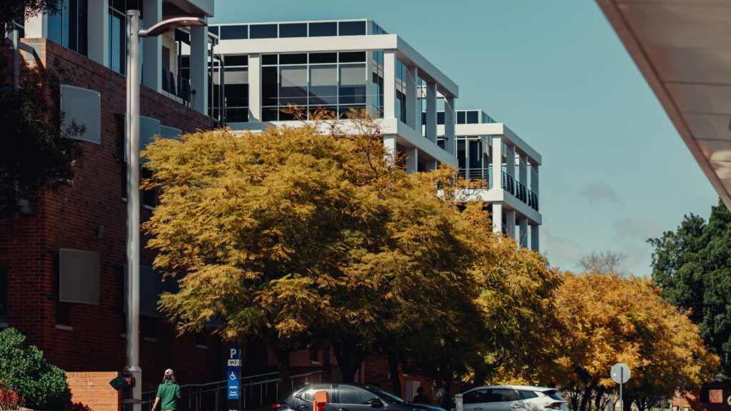 Modern buildings with autumn trees